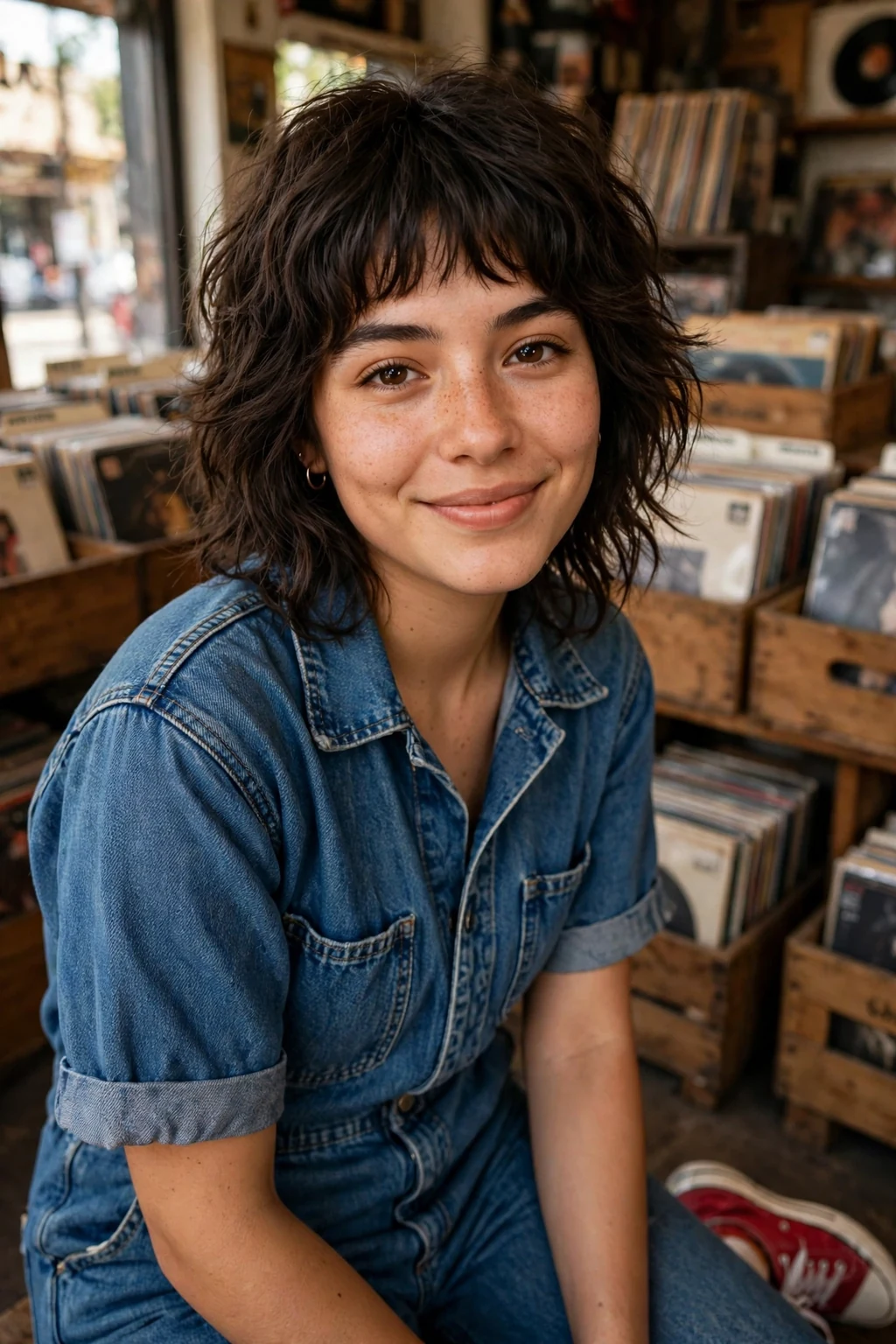 A young woman with a textured shag and bottleneck bangs, browsing in a vintage record store.