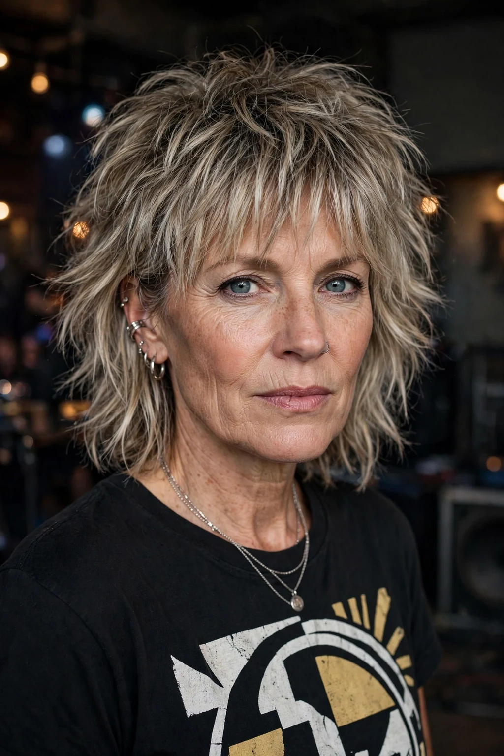 Beautiful woman over 50 with textured shag, bold textured shag, dynamic light.