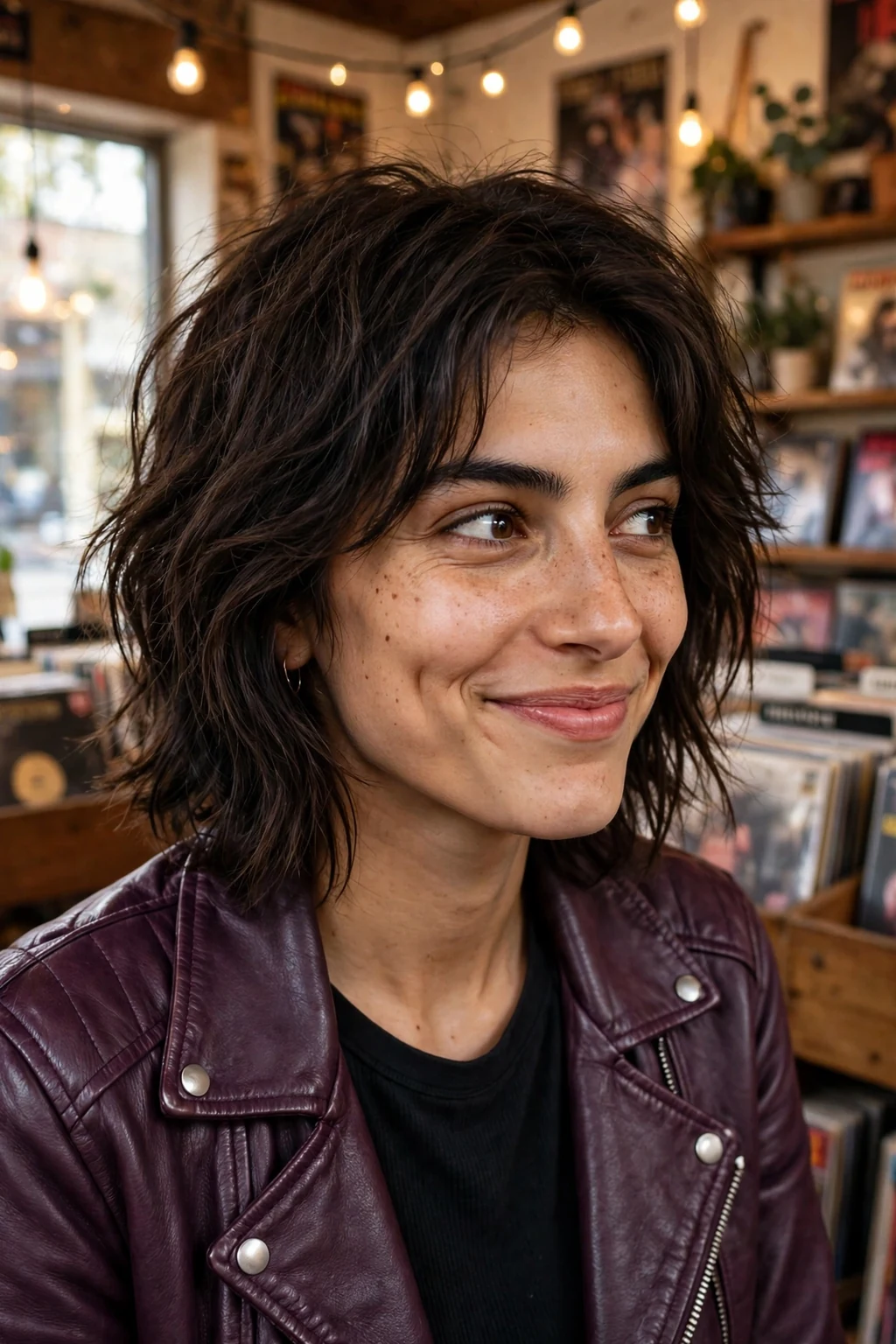 Young woman with a textured shaggy lob hairstyle in a record shop.