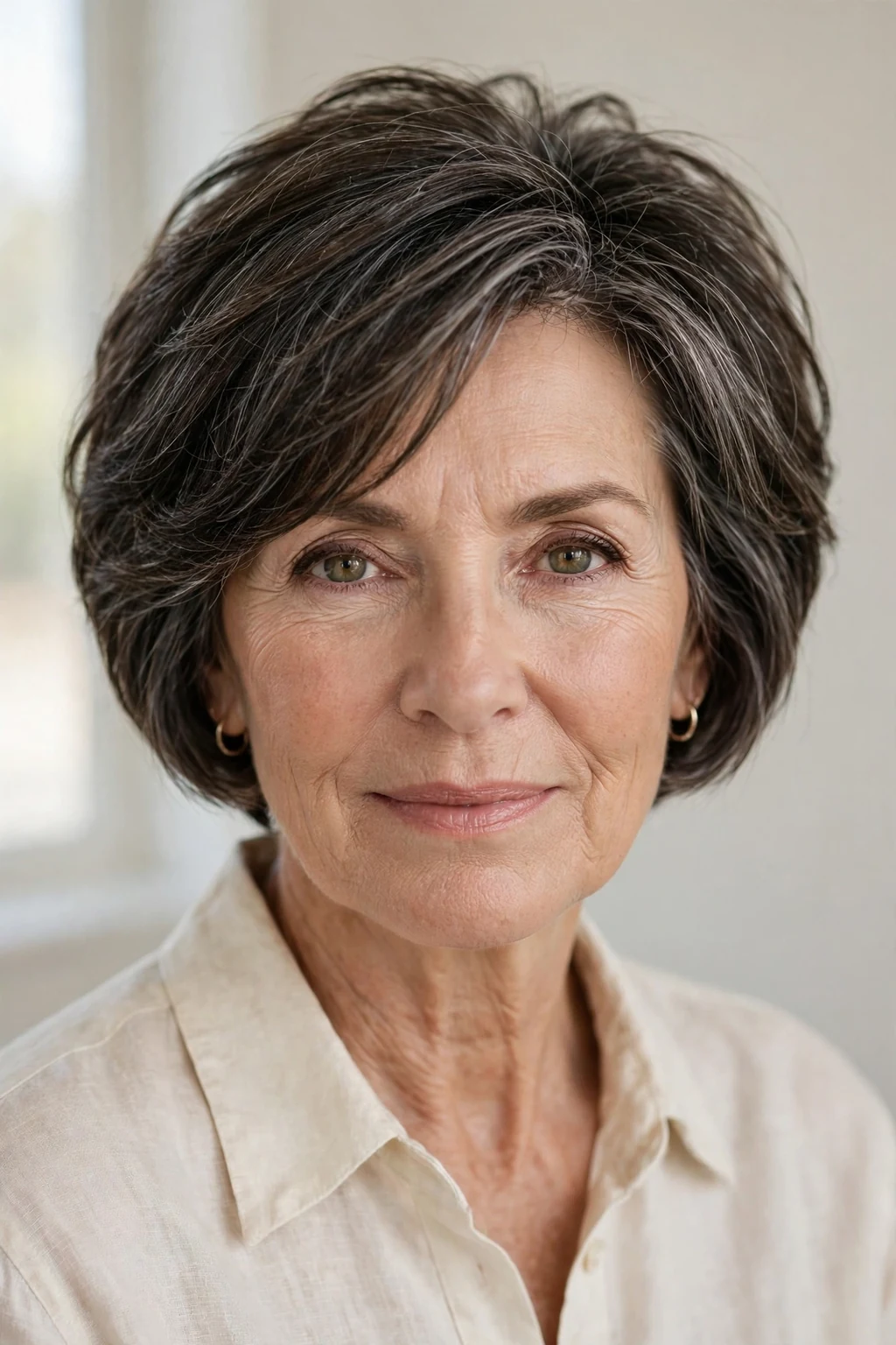 Elegant woman over 50 with textured short bob, modern piece-y layers, natural light.