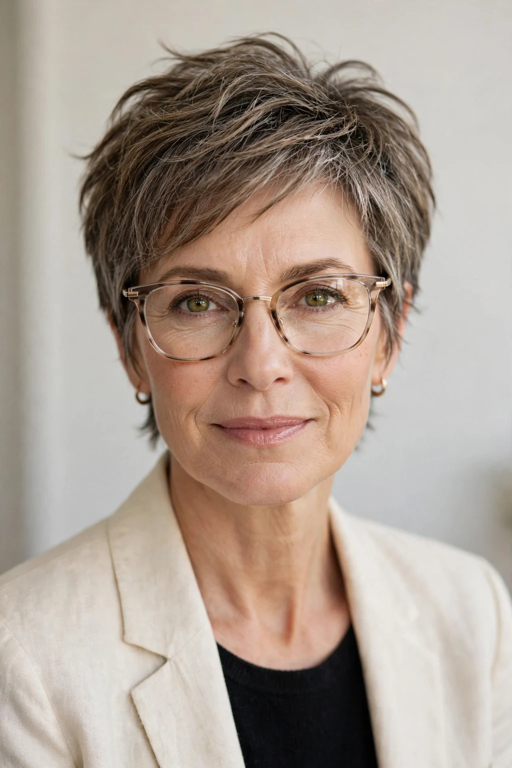 Elegant woman over 50 with glasses and textured short cut, modern piece-y layers, natural light.