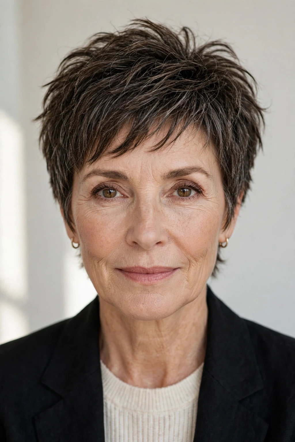 Elegant woman over 50 with textured short cut, modern piece-y layers, natural light.