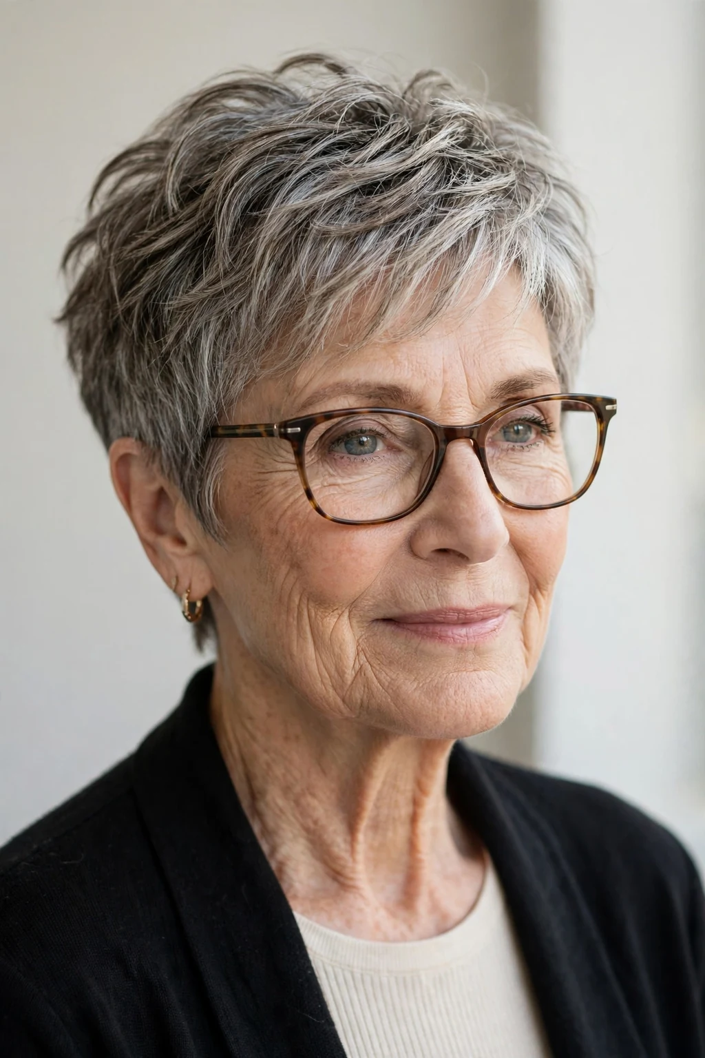 Elegant woman over 60 with glasses and textured short cut, modern piece-y layers, natural light.