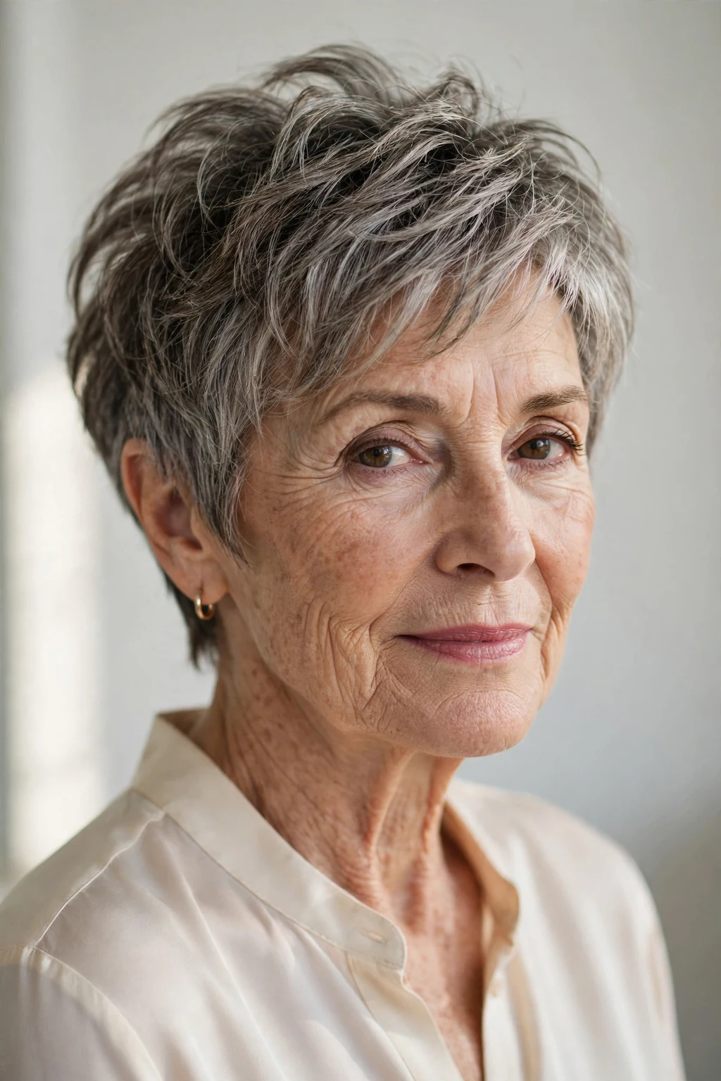 Elegant woman over 60 with textured short cut, modern piece-y layers, natural light.