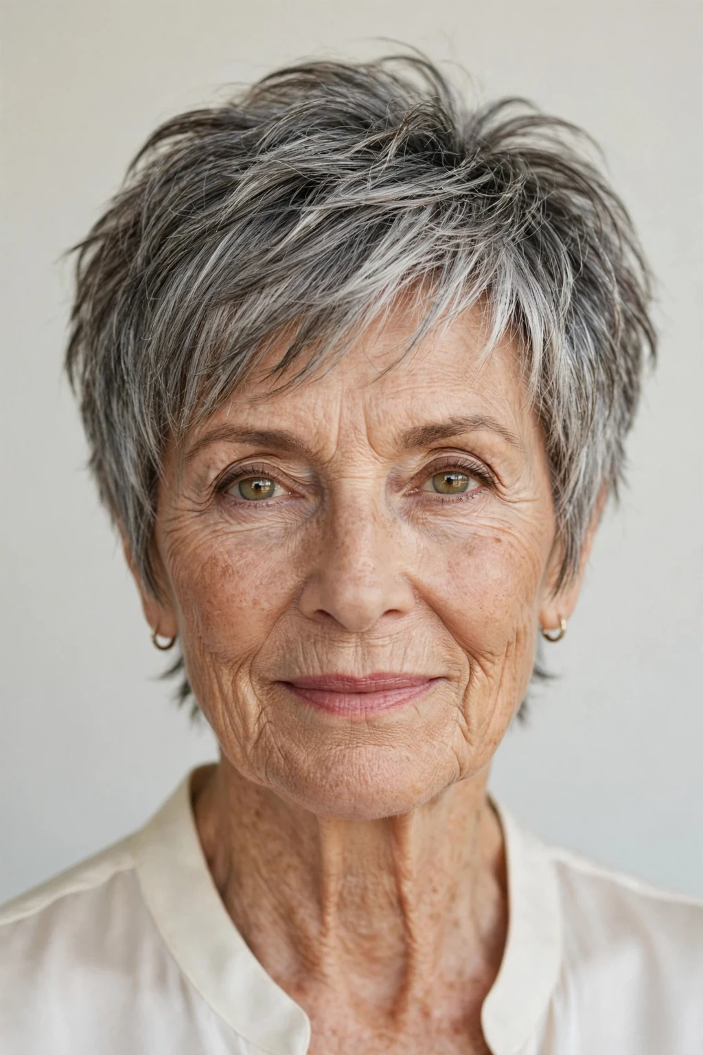 Elegant woman over 70 with textured short cut, modern piece-y layers, natural light.