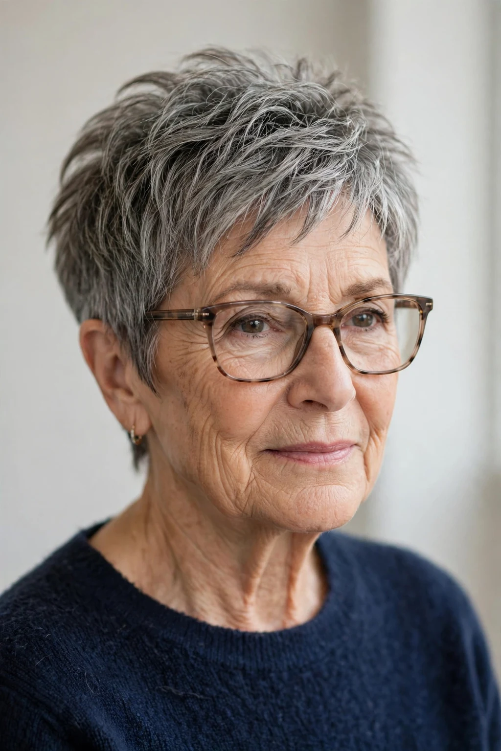 Elegant woman over 70 with glasses and textured short cut, modern piece-y layers, natural light.