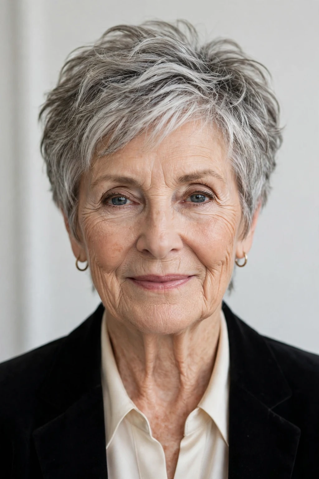 Elegant woman over 70 with textured short cut, modern piece-y layers, natural light.