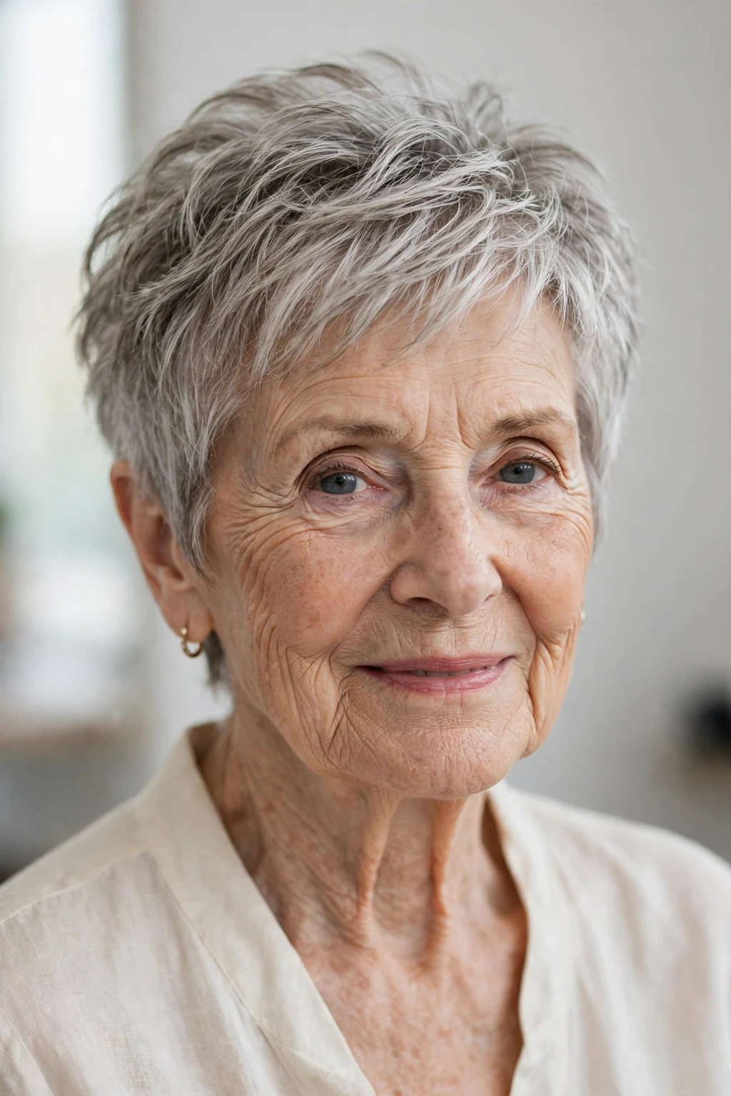 Elegant woman over 80 with textured short cut, modern piece-y layers, natural light.