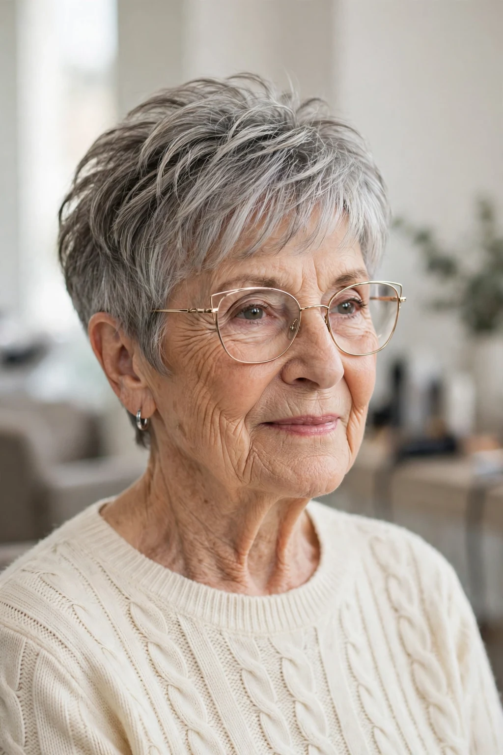 Elegant woman over 80 with glasses and textured short cut, modern piece-y layers, natural light.