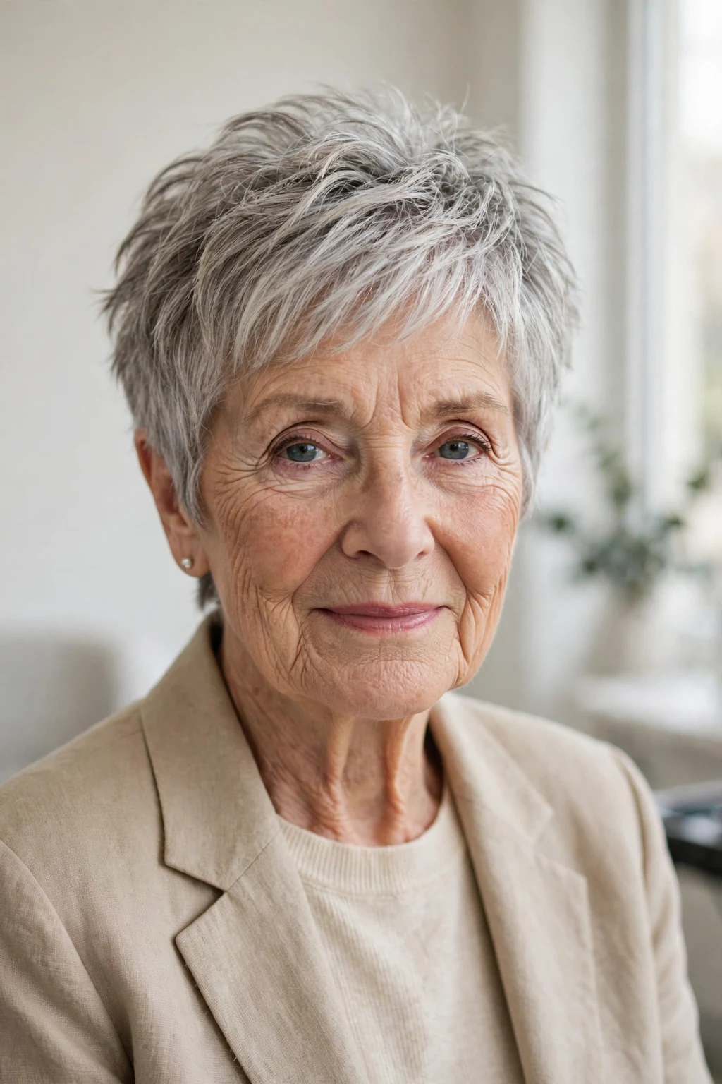 Elegant woman over 80 with textured short cut, modern piece-y layers, natural light.