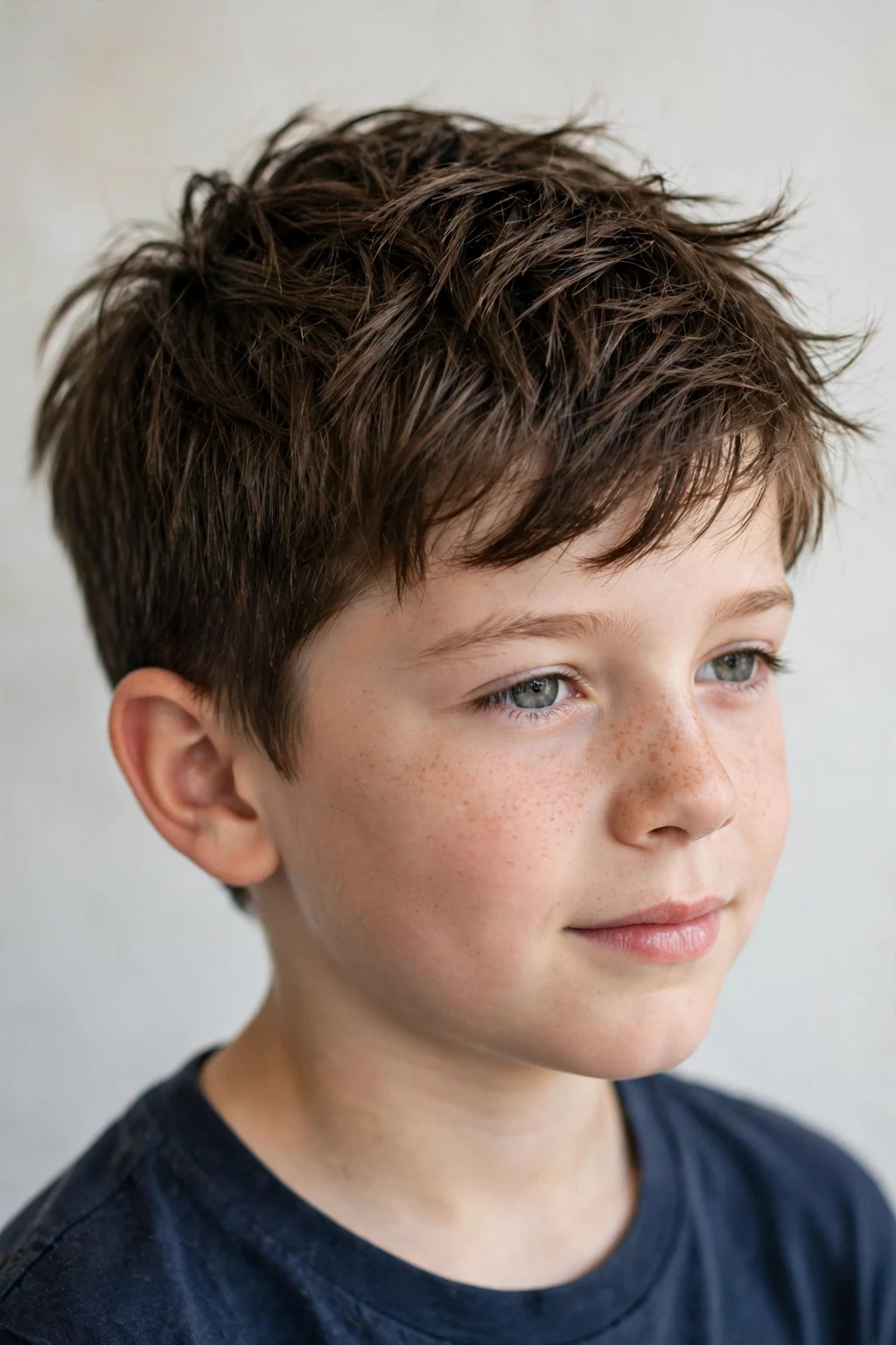 Young boy with textured short cut, piece-y layers with movement, natural light.