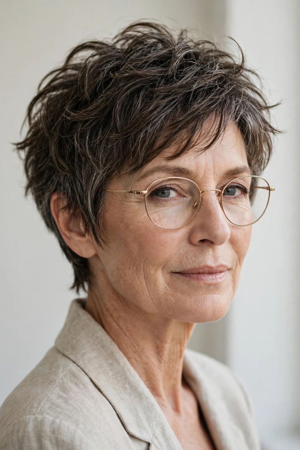 Elegant woman over 50 with glasses and textured short cut, modern piece-y layers, natural light.