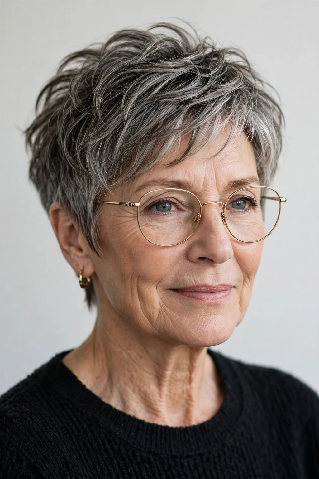 Elegant woman over 60 with glasses and textured short cut, modern piece-y layers, natural light.