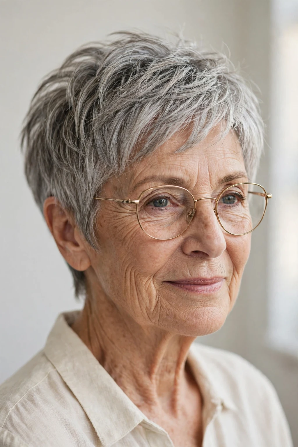 Elegant woman over 70 with glasses and textured short cut, modern piece-y layers, natural light.