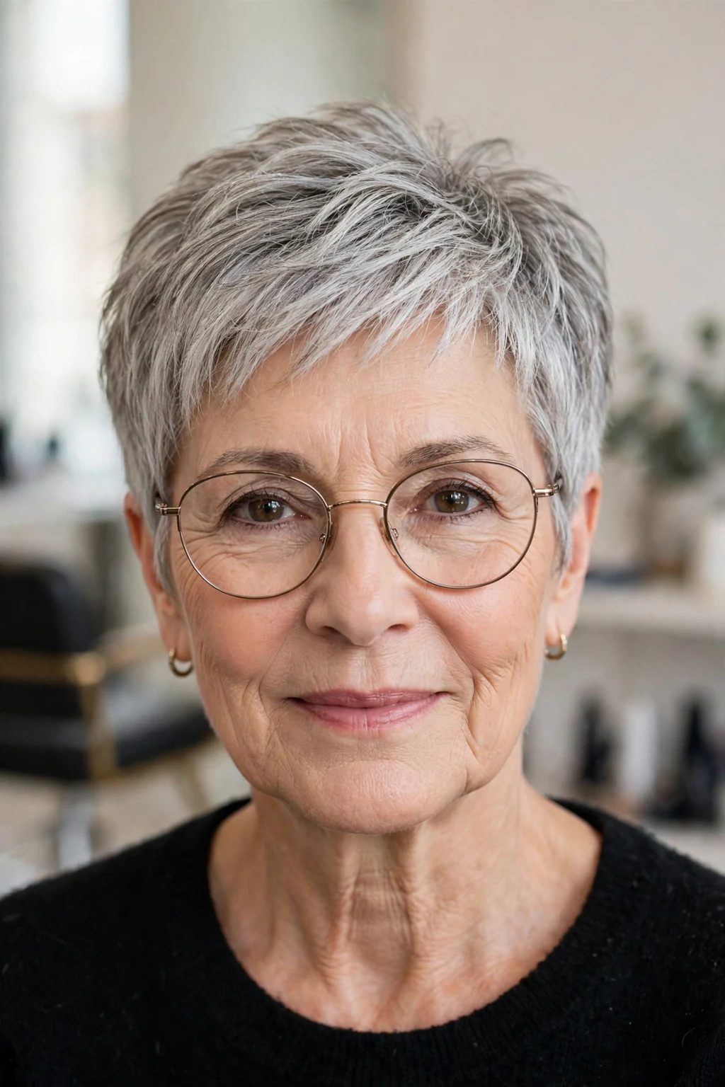 Elegant woman over 60 with fine hair and glasses and textured short cut, modern piece-y layers, natural light.