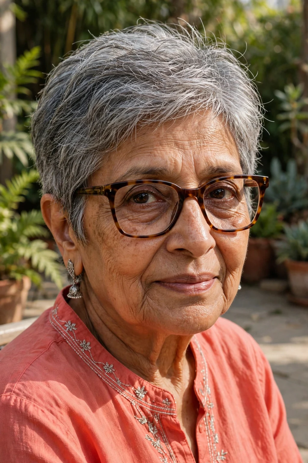 Elegant older woman over 70 with fine hair and glasses and textured short cut, modern piece-y layers, natural light.
