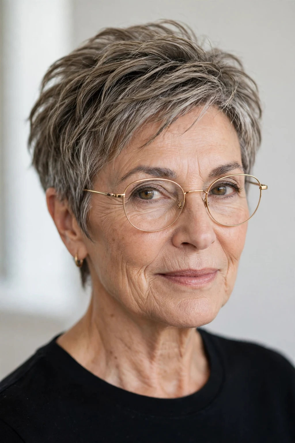Elegant older woman with glasses and textured short cut, modern piece-y layers, natural light.