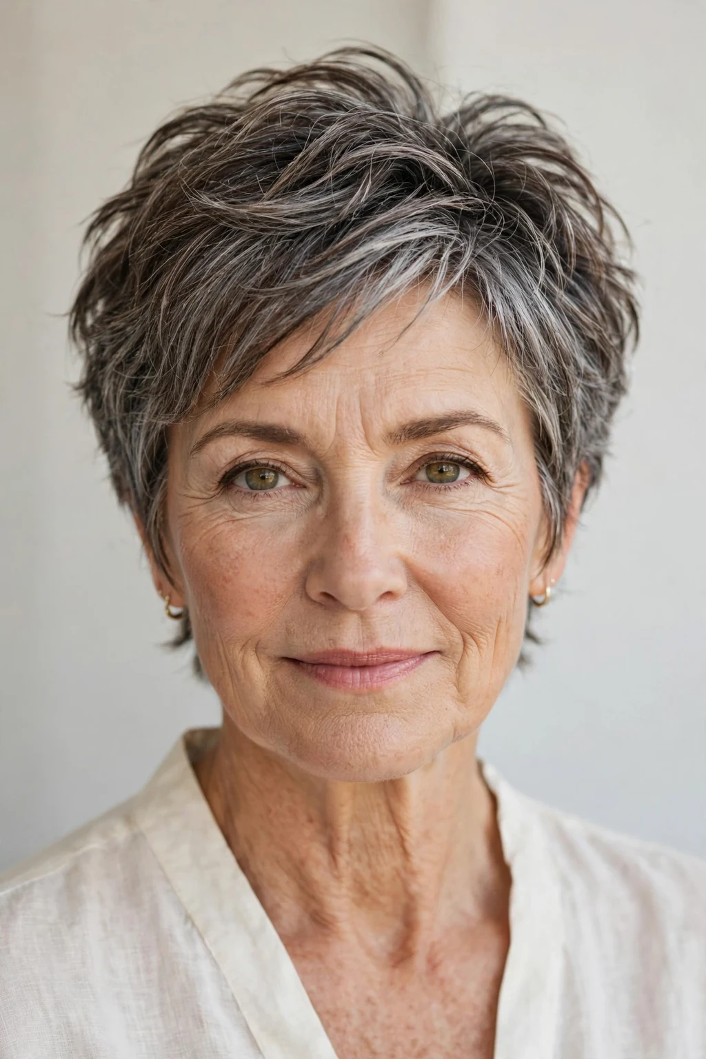 Elegant older woman over 50 with textured short cut, modern piece-y layers, natural light.