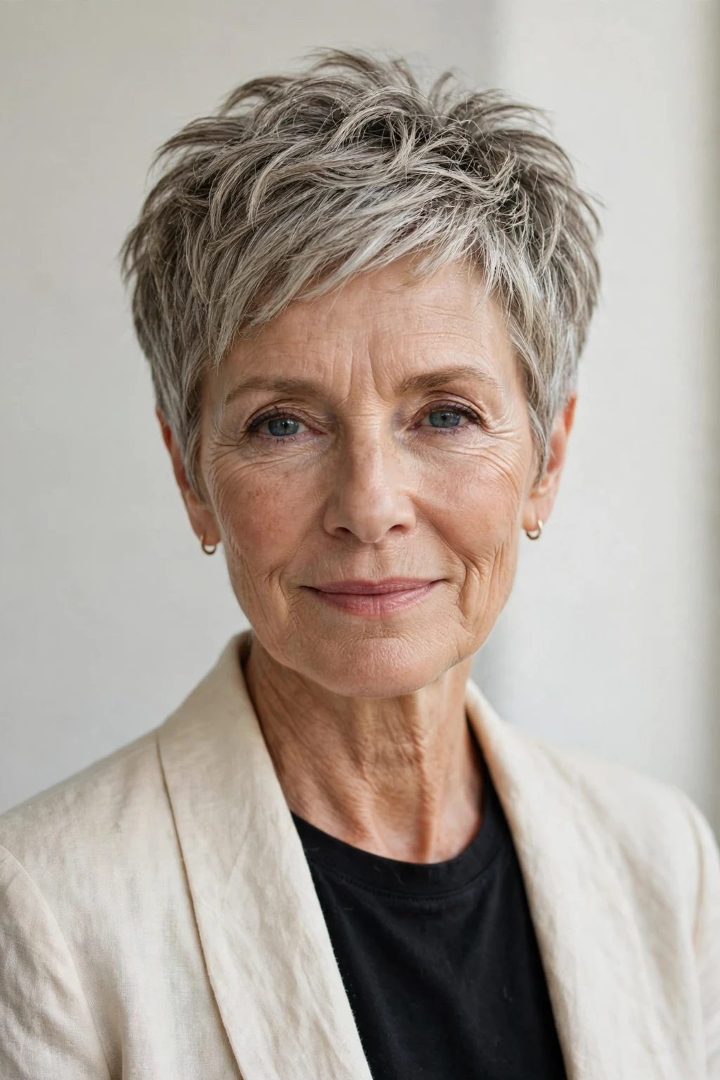 Elegant older woman with textured short cut, modern piece-y layers, natural light.