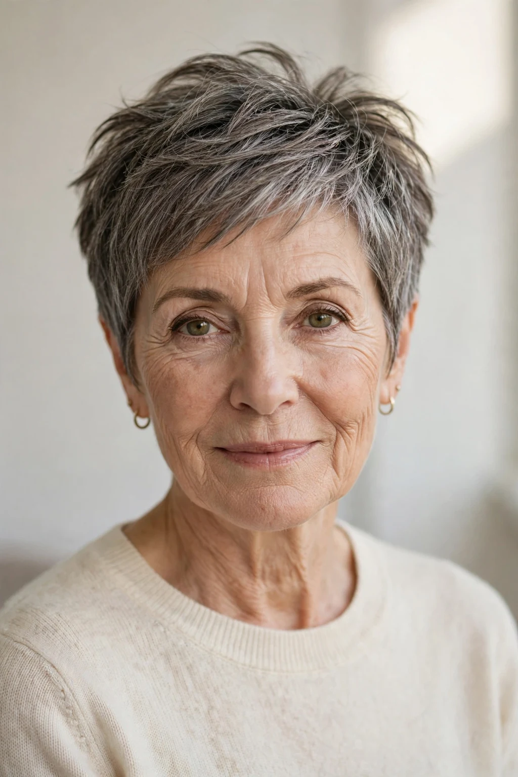 Elegant woman over 60 with textured short cut, modern piece-y layers, natural light.