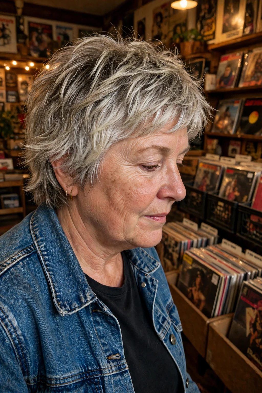 An older woman with a textured short shag, wearing a denim jacket in a record shop.