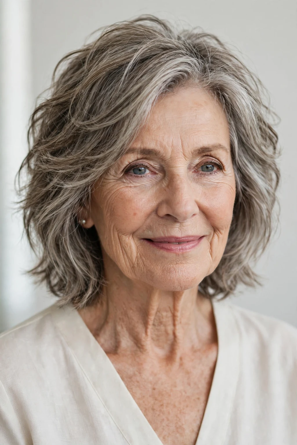 Elegant woman over 70 with textured shoulder-length cut, modern dimensional hair, natural light.