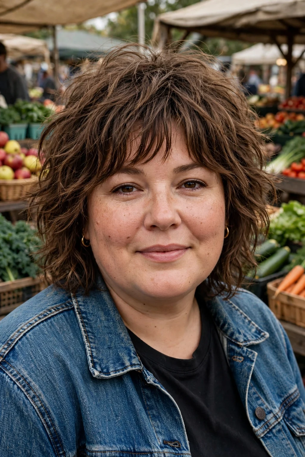 Plus-size woman in her late thirties with a textured shoulder-length shag, wearing a denim jacket in a farmers market.