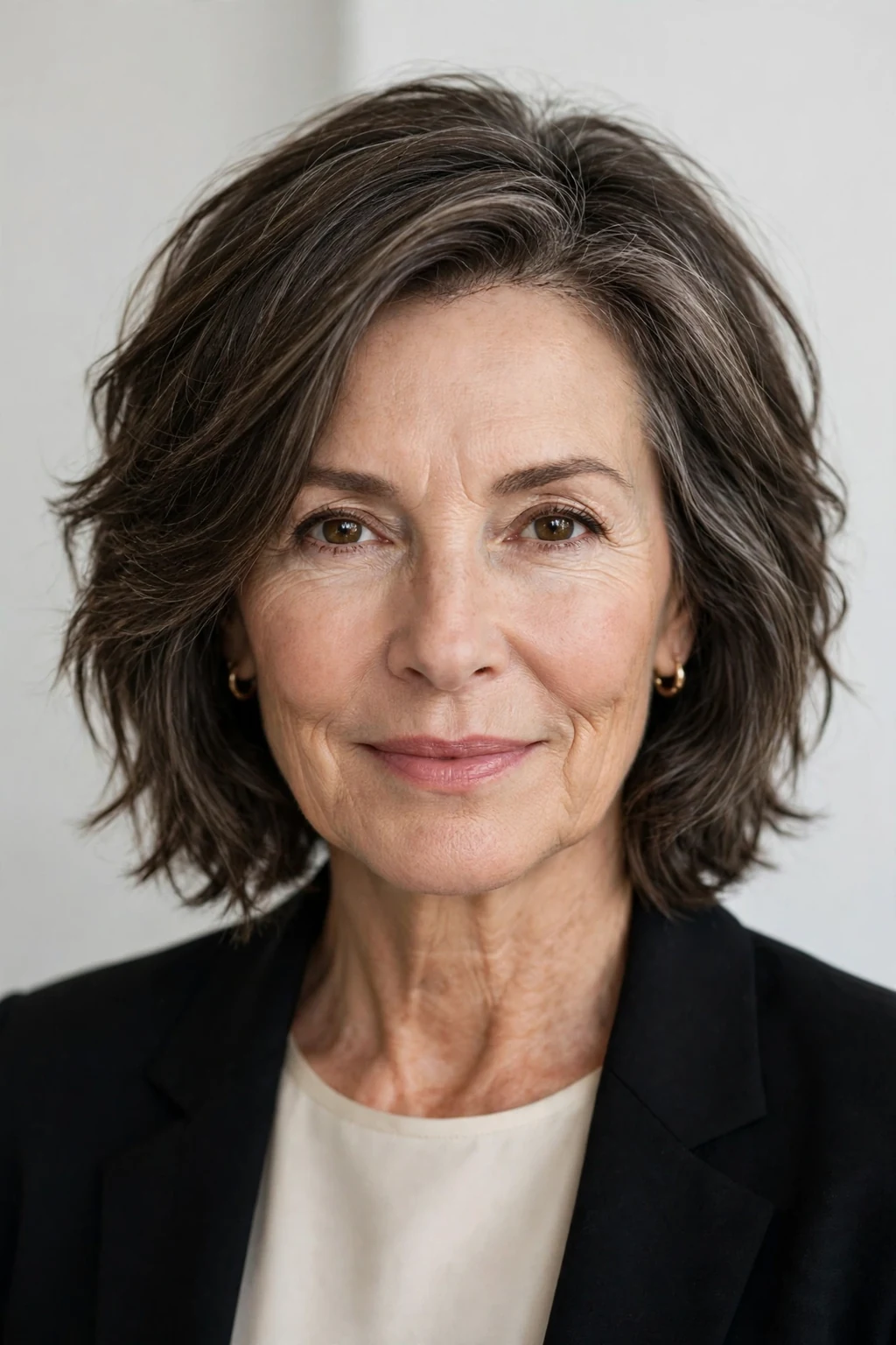 Elegant older woman with textured shoulder lob, modern chic cut, confident light.