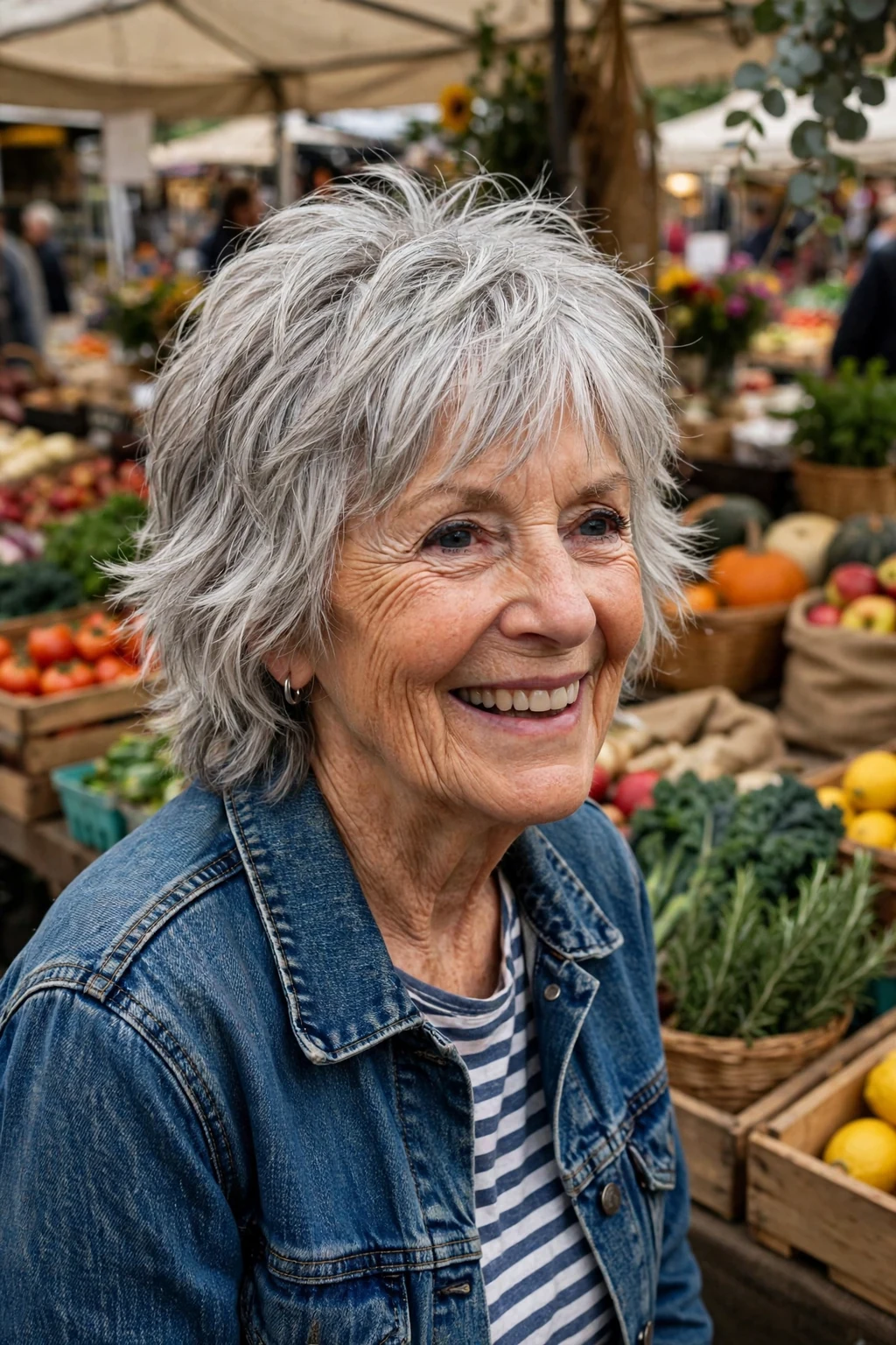 Spirited woman over seventy with a textured silver shag haircut.