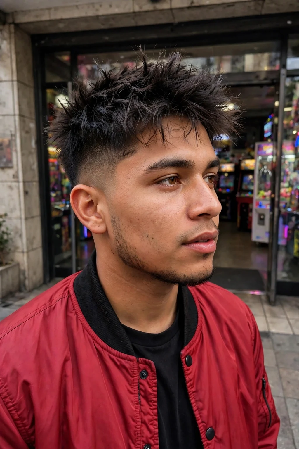 Young man with textured spikes and a fade for thick hair, standing in a city arcade in a red bomber jacket.