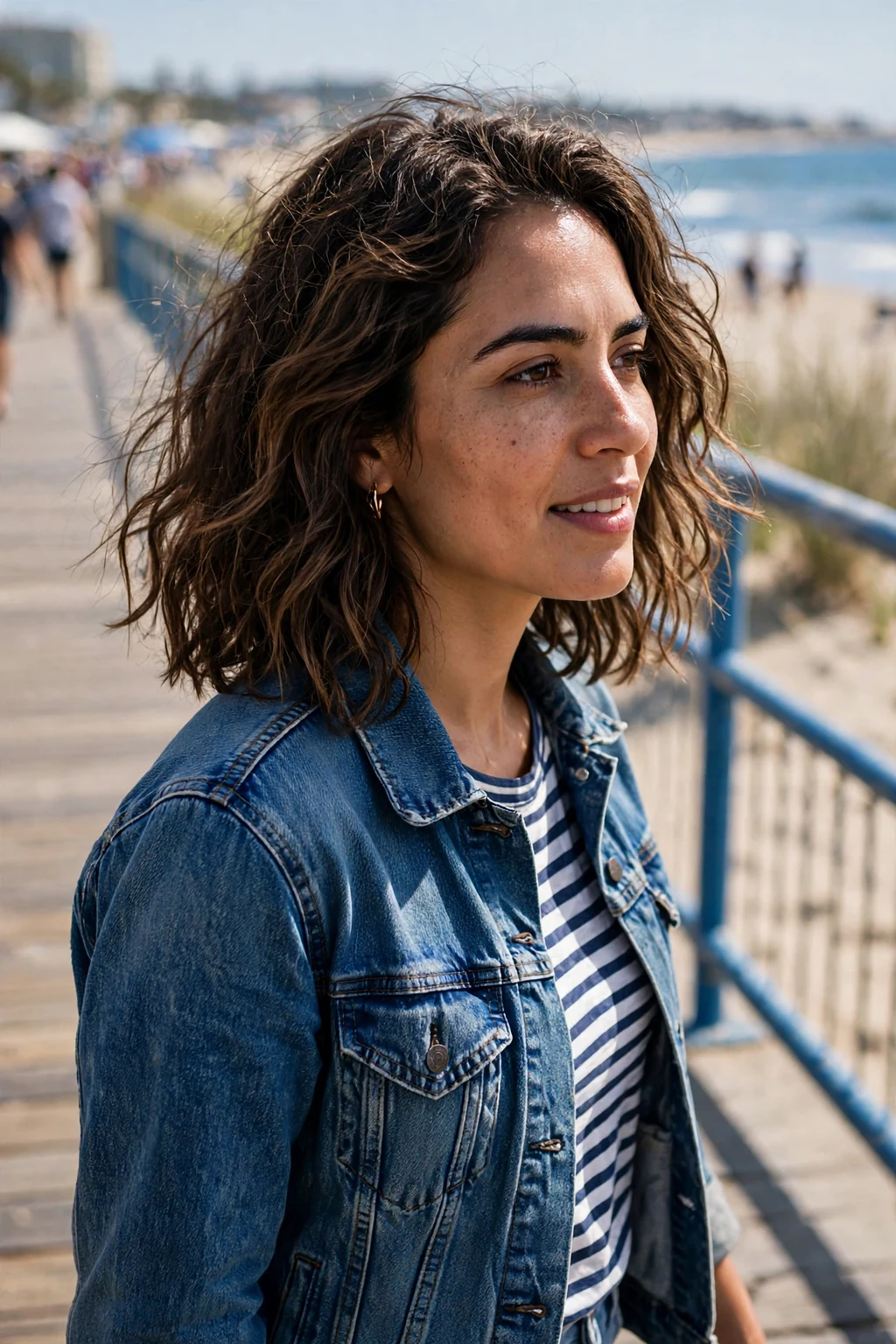 Young woman with a textured spring lob and beachy ends, walking on a boardwalk wearing a denim jacket.