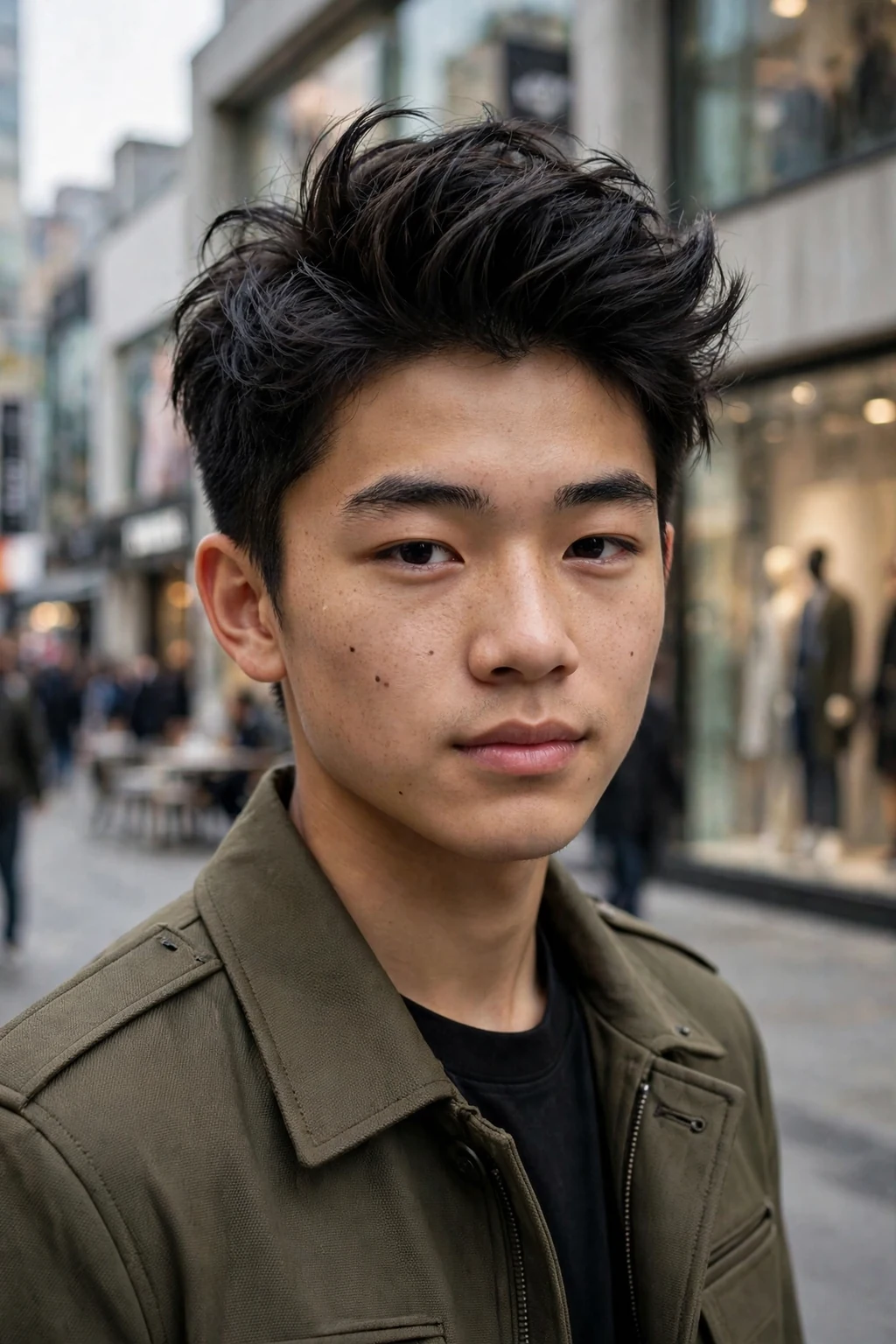 Handsome teen boy with textured quiff, modern textured teen quiff, dynamic light.