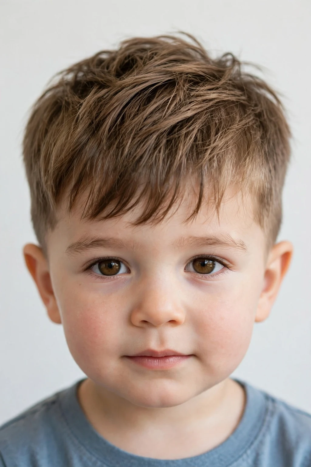 Toddler boy with a textured crop and soft fringe, detailed choppy layers, crisp natural lighting.