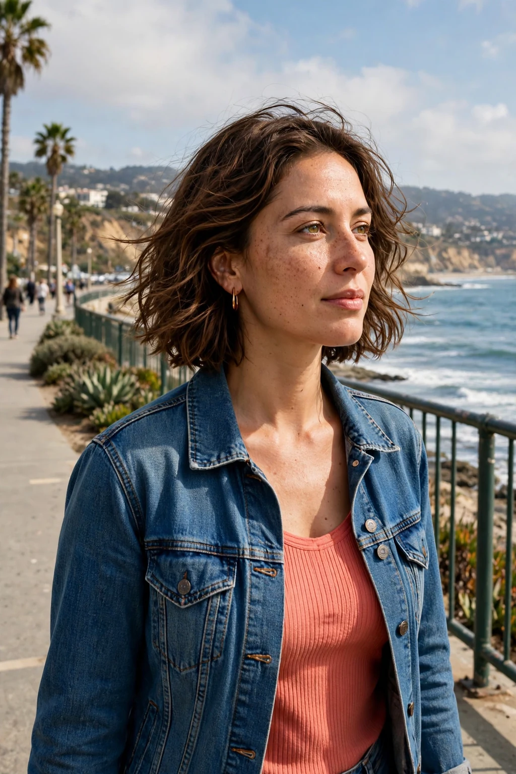 A young woman with a textured wavy chin-length bob, wearing a denim jacket on a coastal walkway.