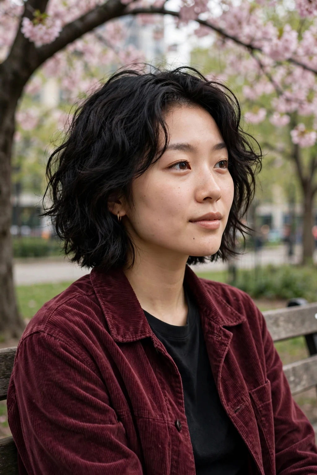 Young woman with a textured wavy lob falling just past her collarbones.