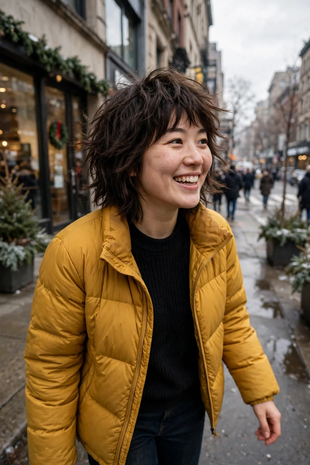 Young woman with a textured winter shag haircut, wearing a mustard jacket on a city street.