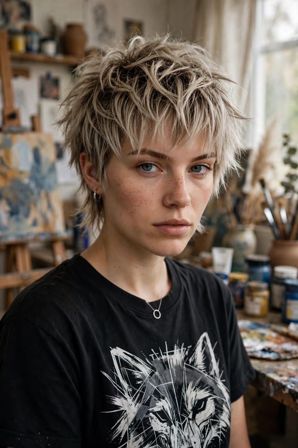 Beautiful woman with textured wolf cut, bold textured wolf, dynamic light.