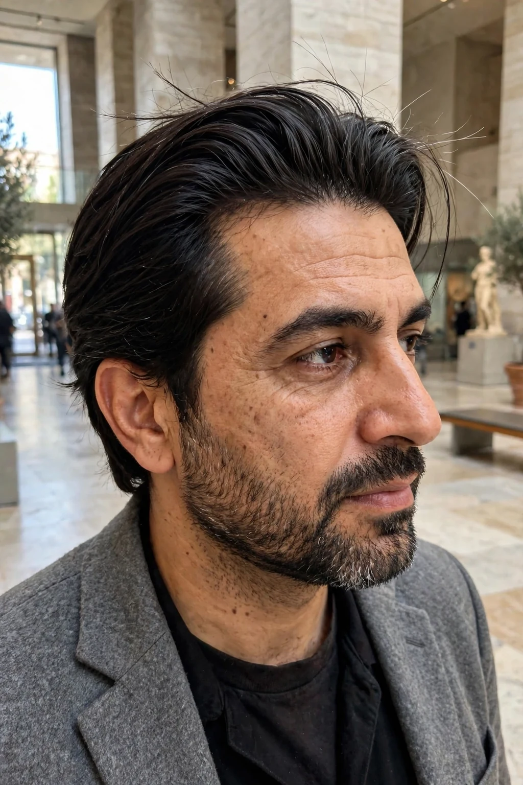 Man in his 40s with a thick brush back, standing in a museum lobby in a grey blazer.