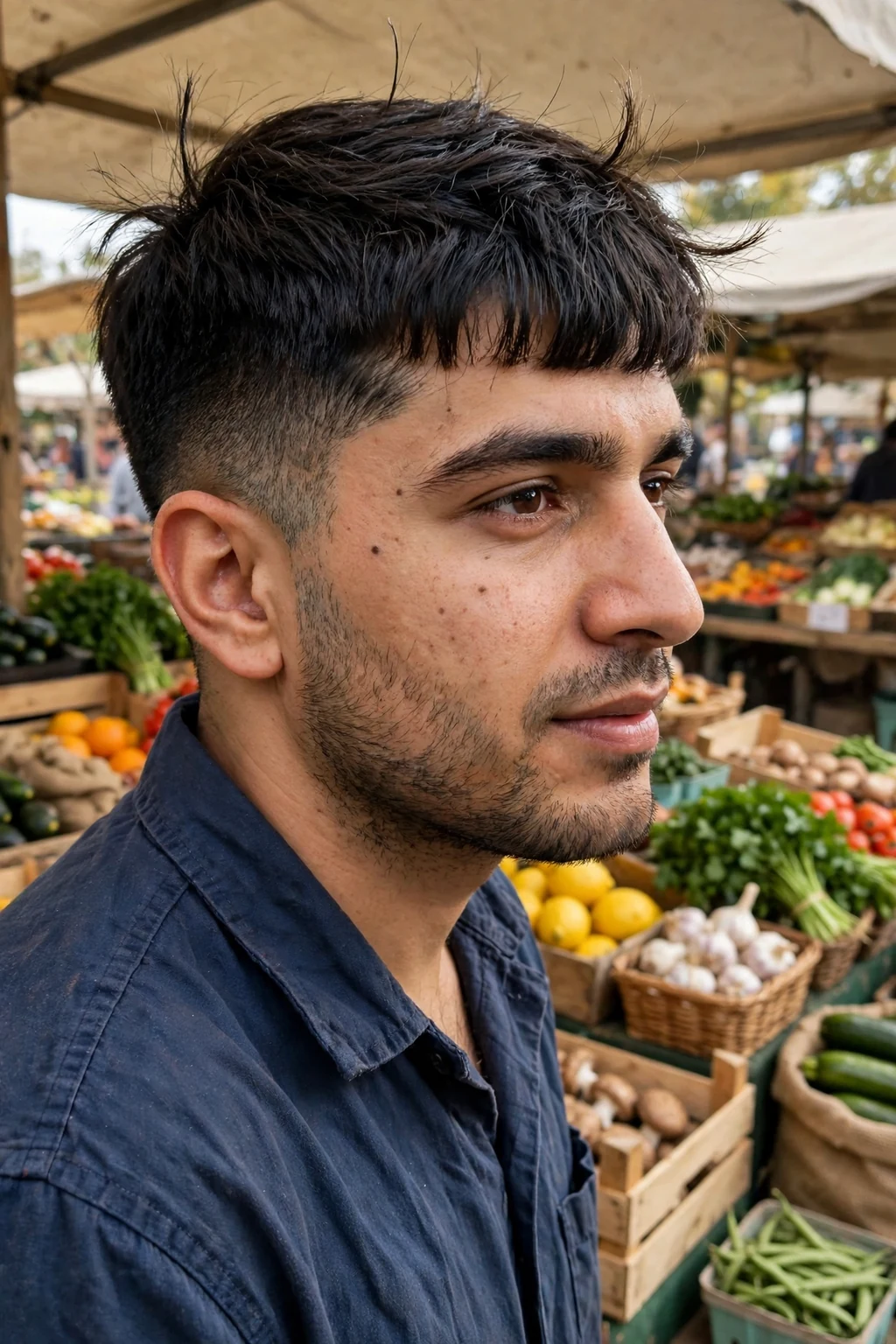 Man with a thick Caesar cut, standing at a farmers market stall in a dark blue work shirt.