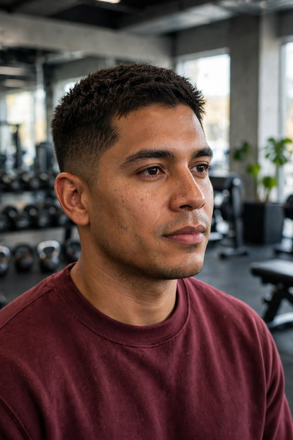 Young man with a thick crew cut, wearing a maroon sweatshirt in a gym.