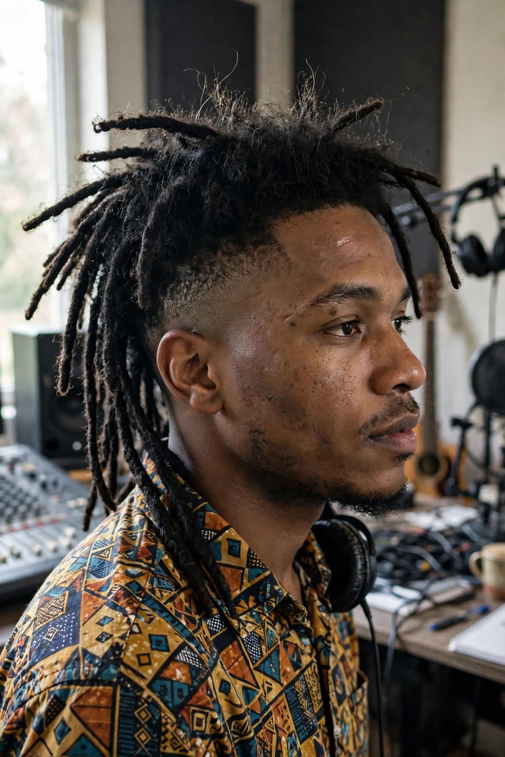 Young Black man with thick dreadlocks and a fade, standing in a music studio in a patterned shirt.