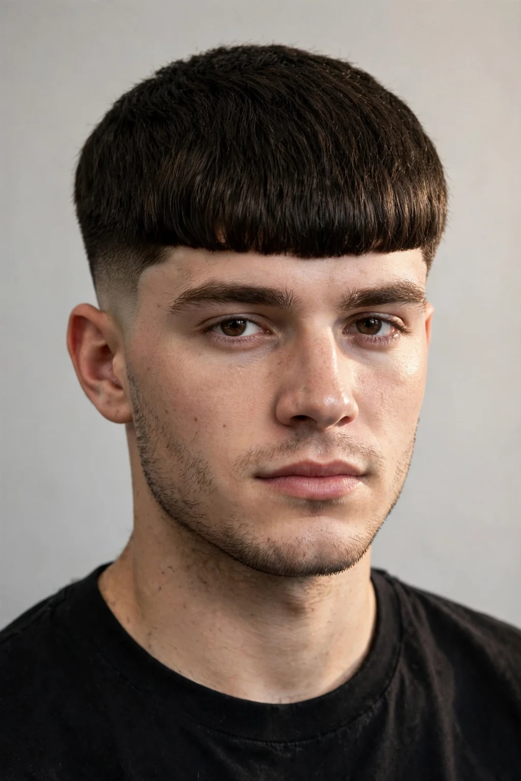 Man with thick hair Edgar cut, full dense top with blunt fringe, rich lighting.