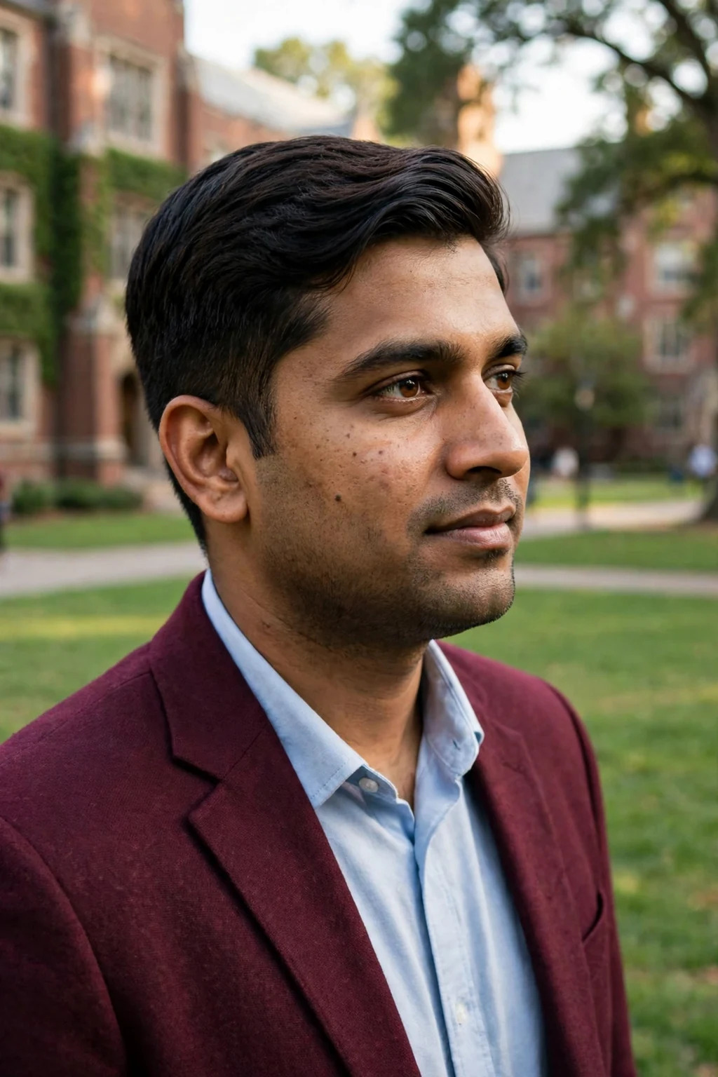 Young man with a thick Ivy League cut, wearing a burgundy blazer at a university campus.