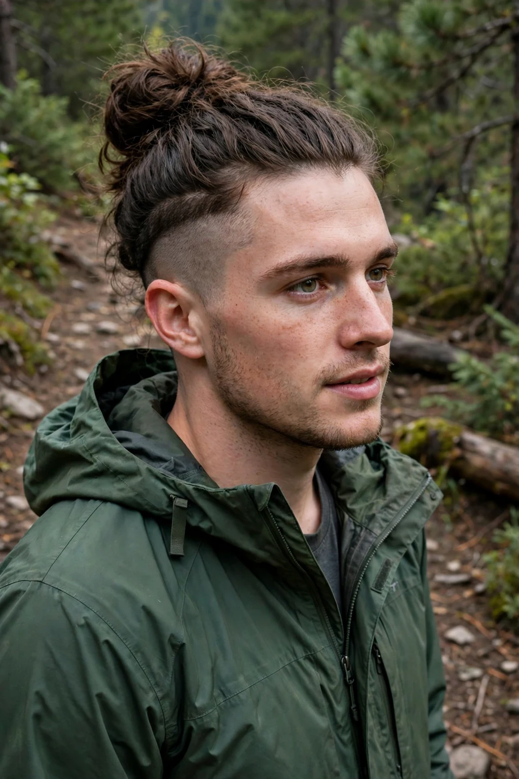 Young man with a thick man bun and undercut, wearing a forest green jacket hiking on a trail.