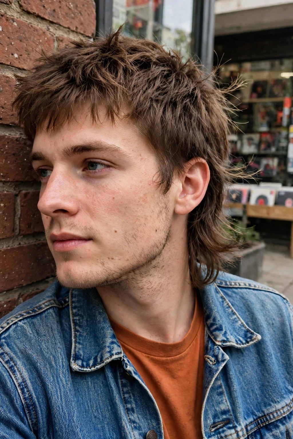 Young man with a thick textured mullet, leaning against a brick wall outside a record store in a denim jacket.