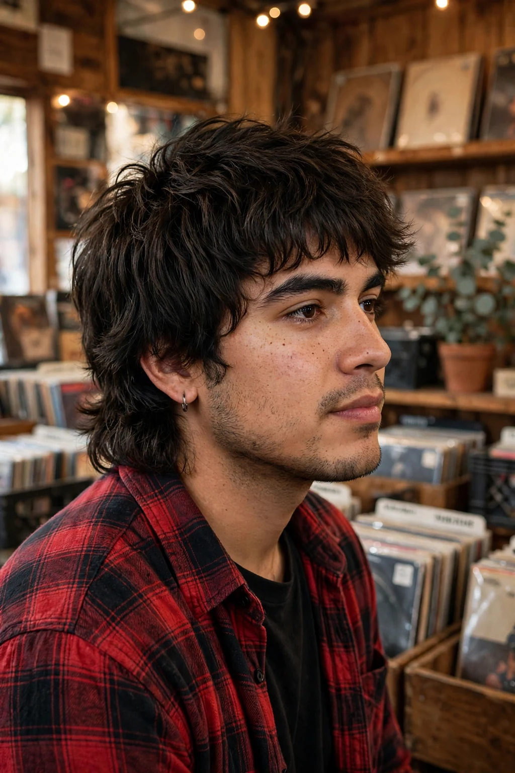 Young man with a thick wolf cut, wearing a plaid shirt in a record store.