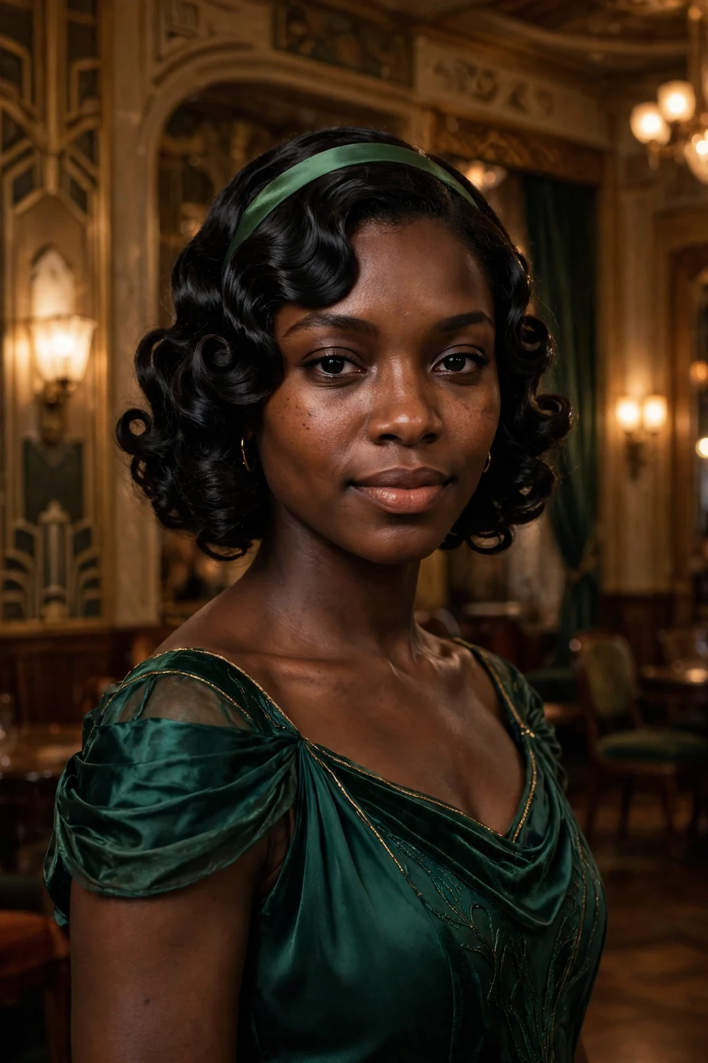 Young woman with Tiana-inspired vintage pin curls with a green headband, wearing an emerald dress.