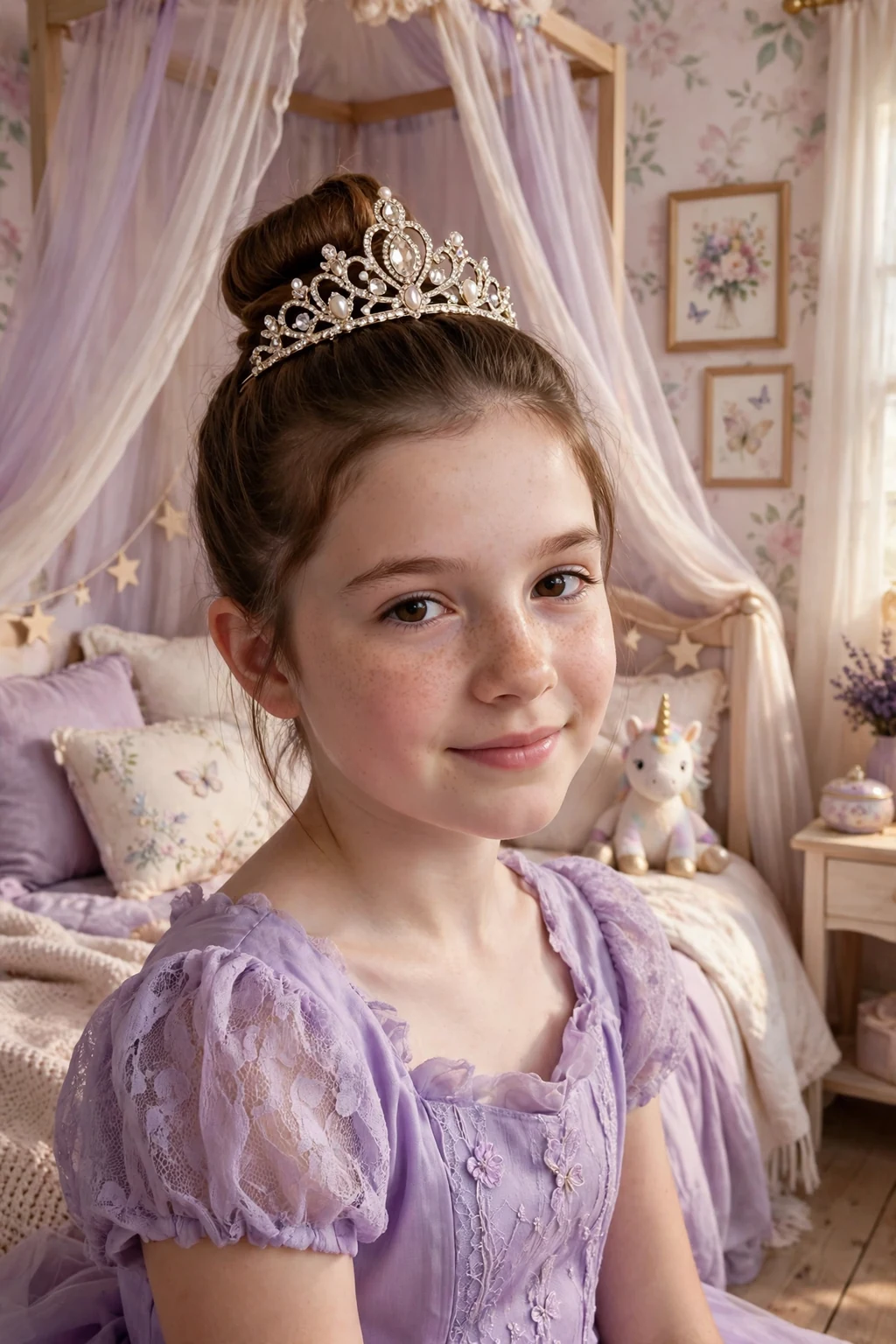 A young girl with a neat top knot and a jeweled tiara in a princess bedroom.
