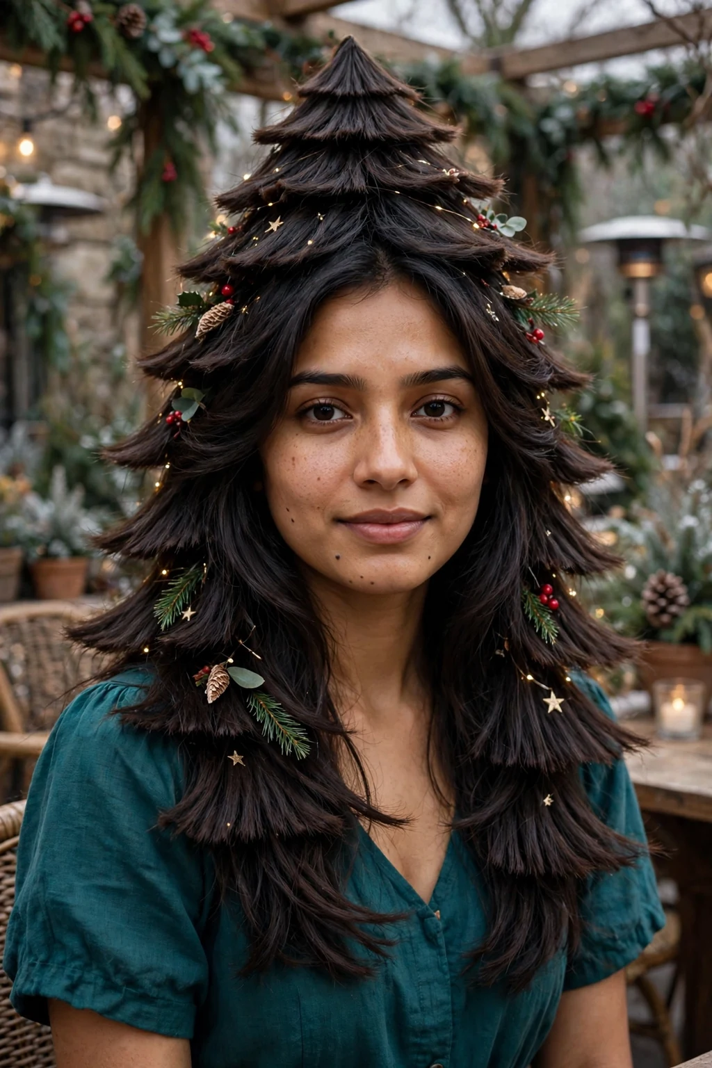 Young woman with tiered tree layers hairstyle, festive holiday look.