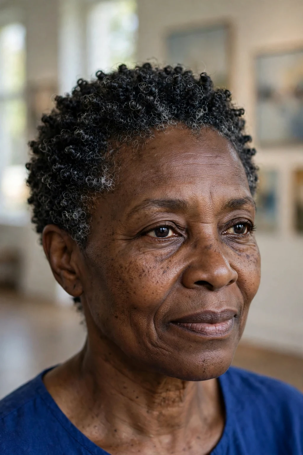 A woman in her late 60s with a tight curly crop in black coils, wearing a royal-blue top in an art gallery.